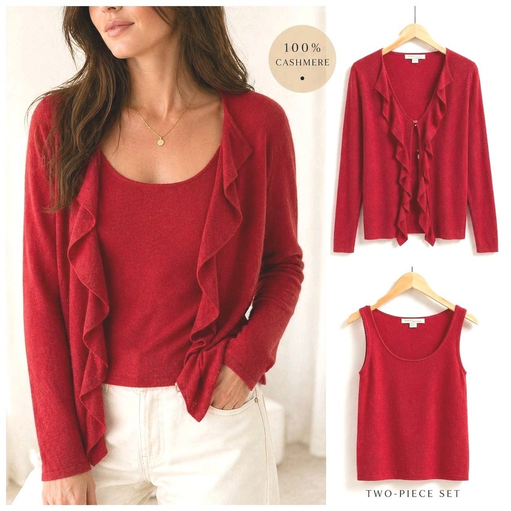 Kinross 100% Cashmere Cardigan Tank Sweater Set Sz S  Red 2 Pc Luxury Ruffle